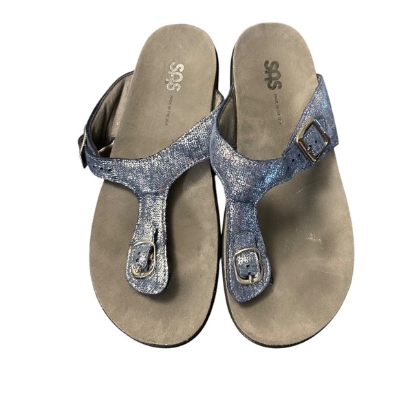SAS Shoes T-Strap Slide Sandals Shoe‎ Slip one USA Made Blue with Silver SZ 8 M - Picture 1 of 5